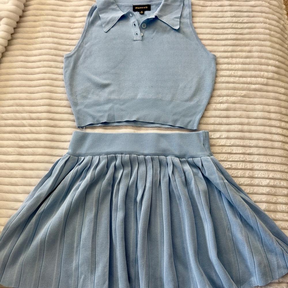 Blue Sleeveless Top and Pleated Skirt Set